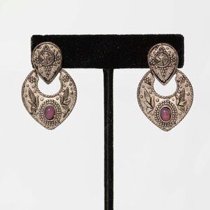 80s Metallic Pink Stone Earrings | Vintage Womens Fashion | Metal Stone Jewelry